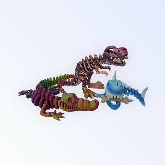 3D Printed Articulated Skeleton Dinosaur Toy – T-Rex, Shark, Crocodile & Sabre Tooth Tiger – Fantasy Creature Desk Decor